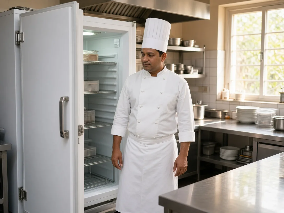 A walk-in freezer in an Indian hotel kitchen