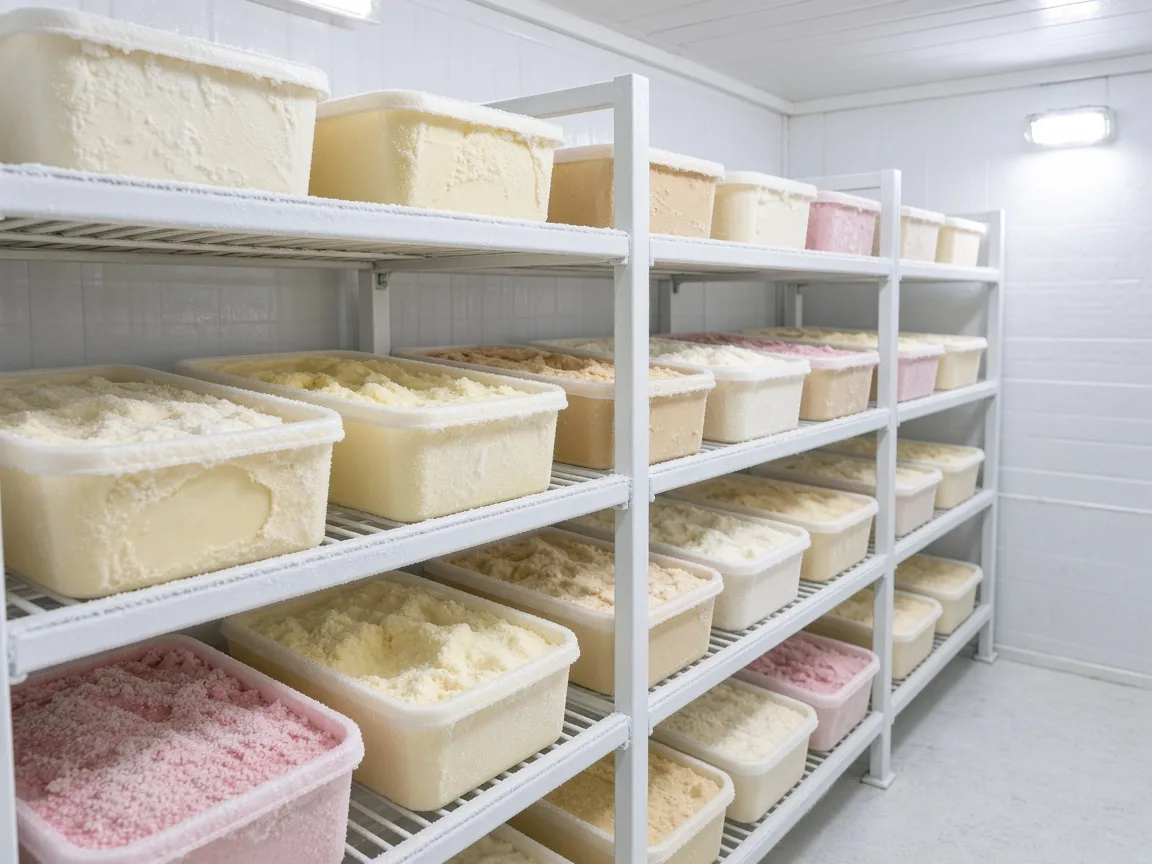 Ice cream stored in an Indian freezer room