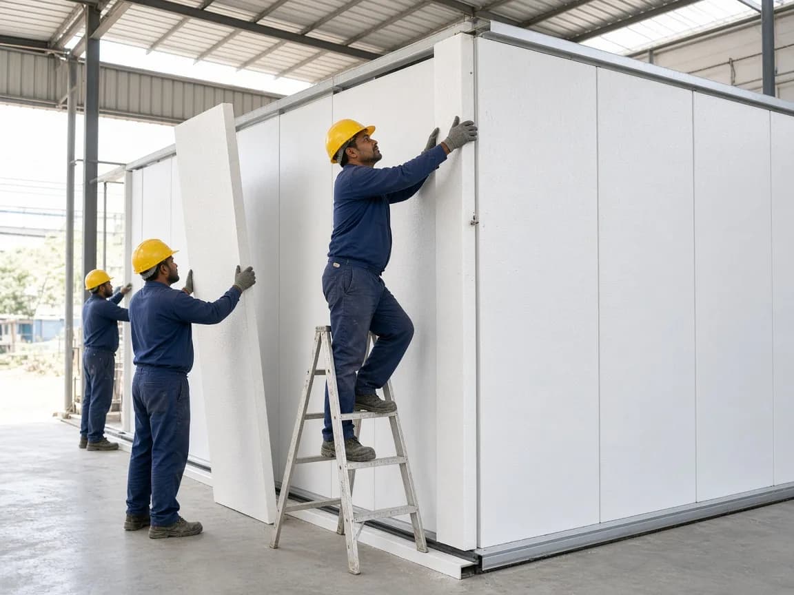 Indian technicians building a freezer room