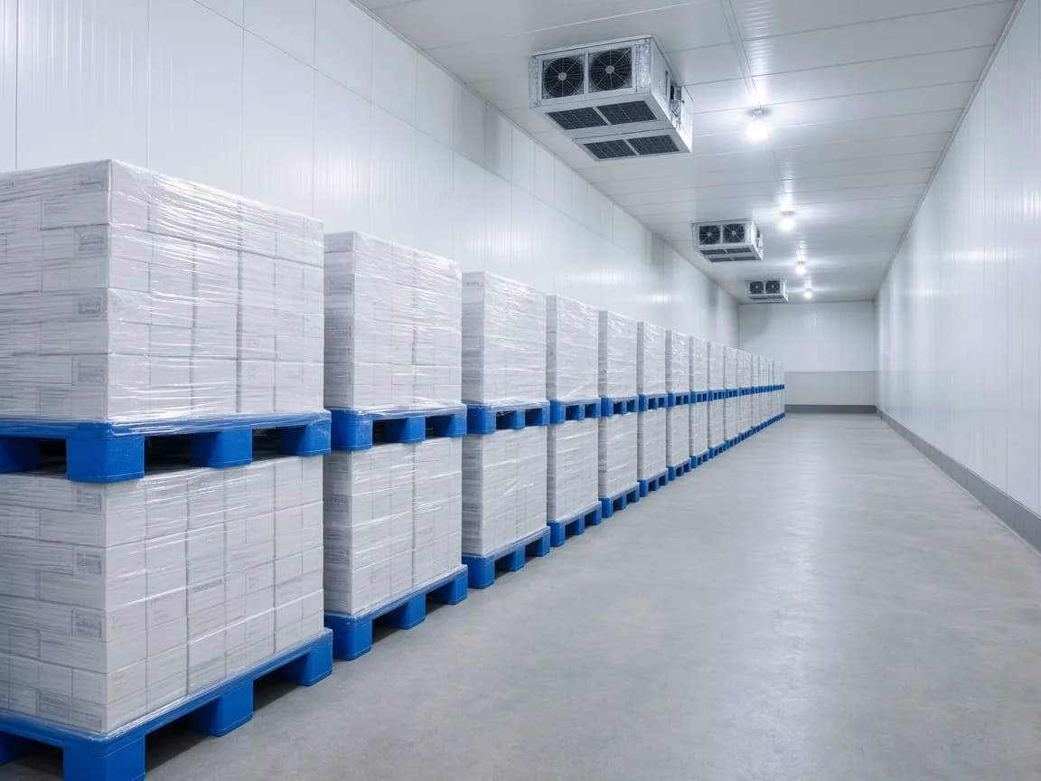 A pallet freezer aisle in an Indian warehouse
