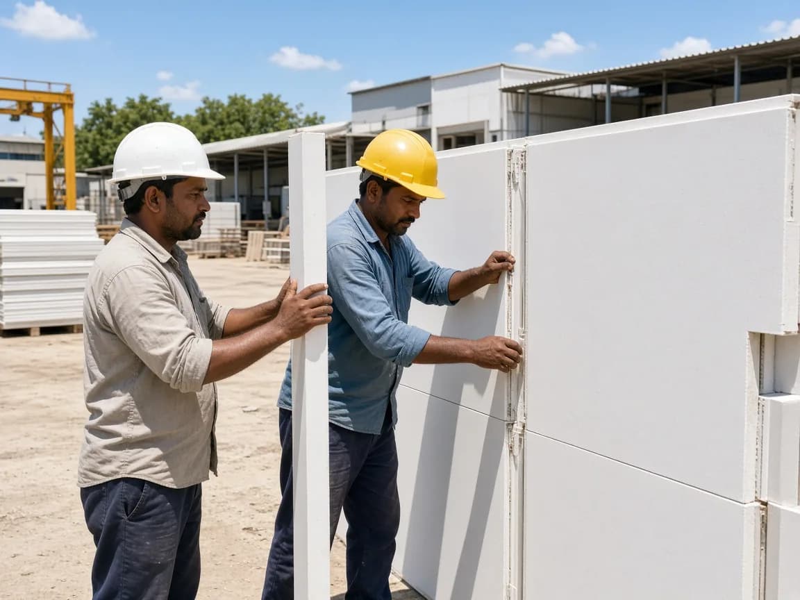 Insulated freezer panels in an Indian factory yard