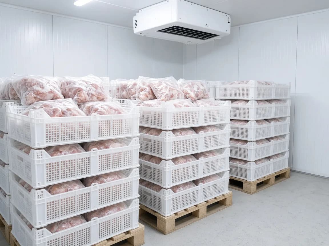 Frozen poultry crates in an Indian freezer room