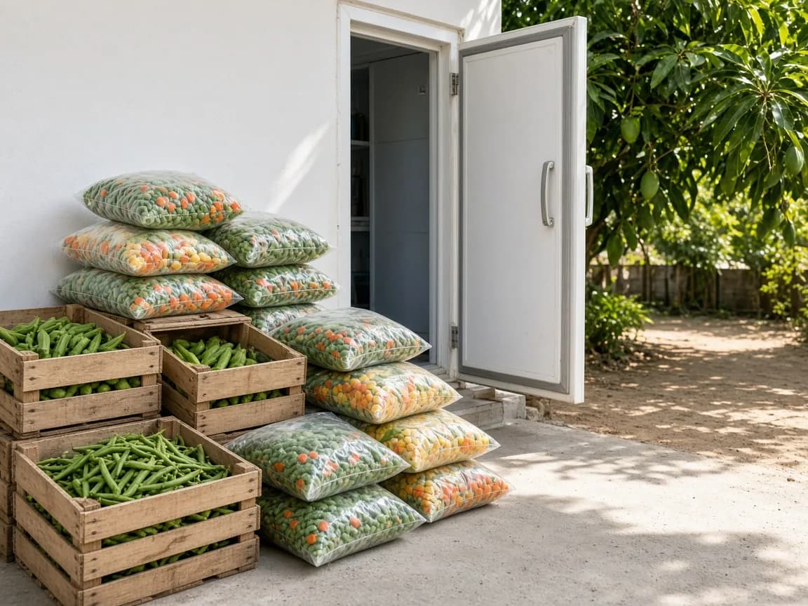 Produce beside a freezer room at an Indian packhouse