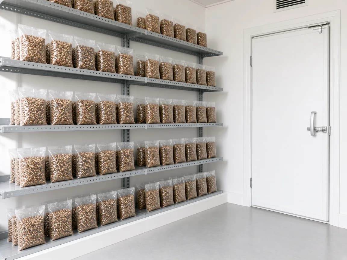 Seed storage beside a freezer door in India