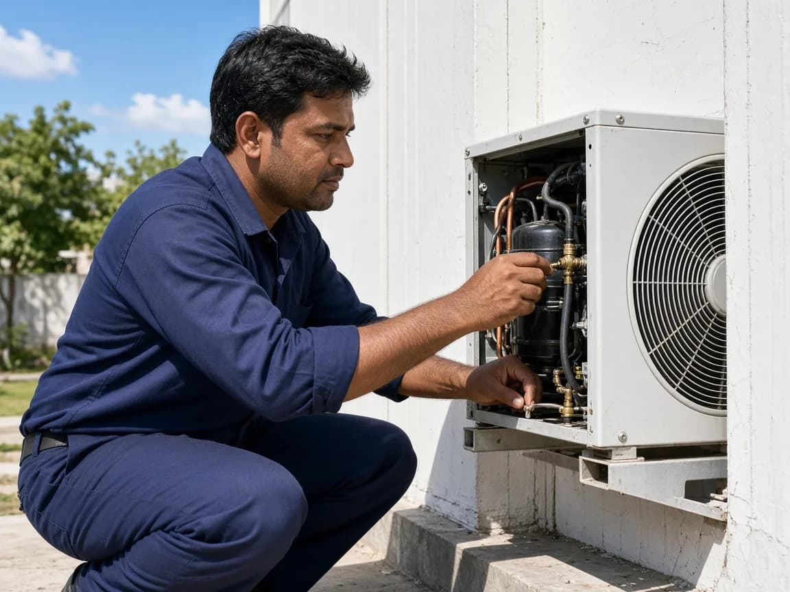 An Indian technician servicing refrigeration beside a freezer building