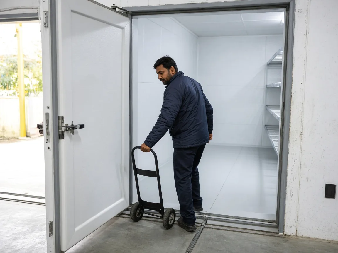 An Indian worker entering a walk-in freezer