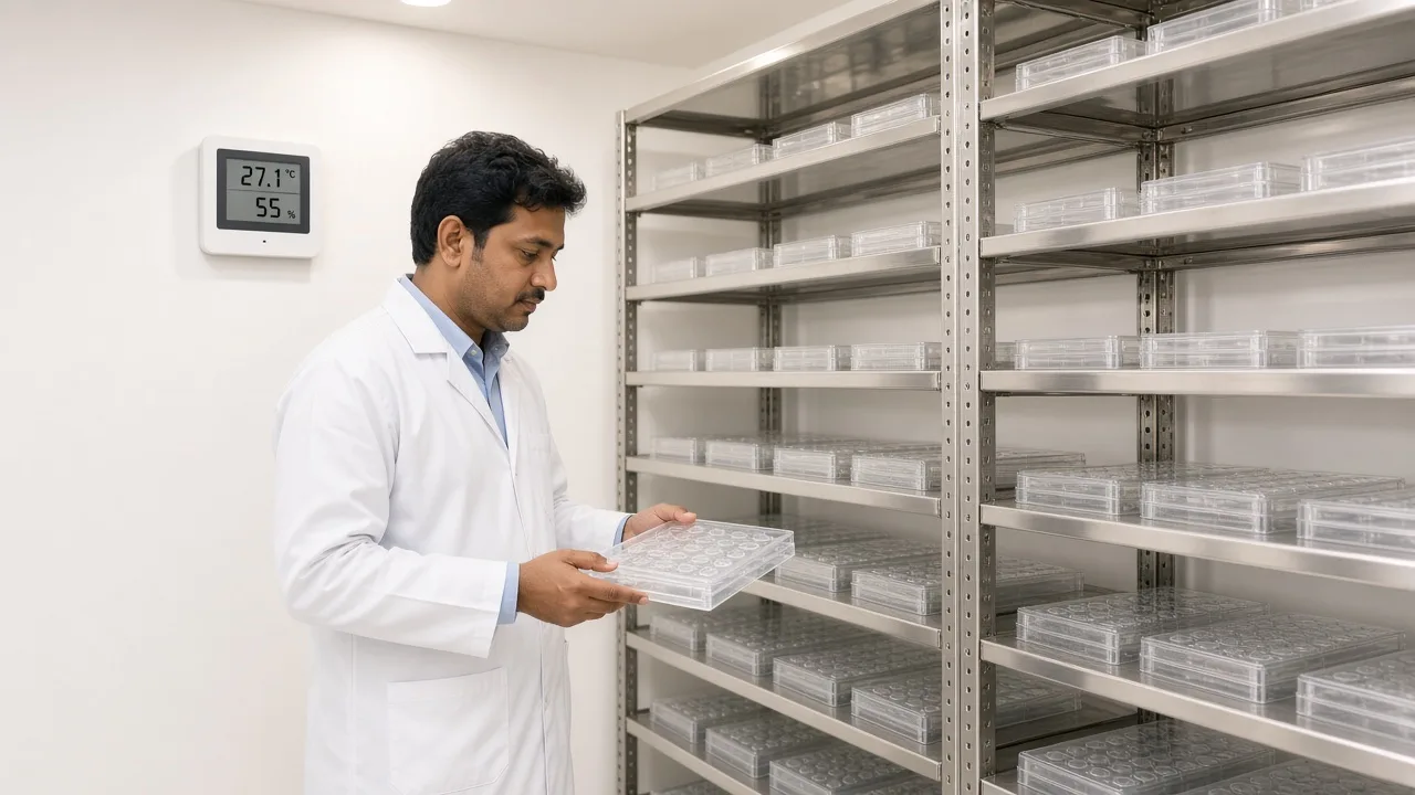 An Indian scientist in a bright incubation room