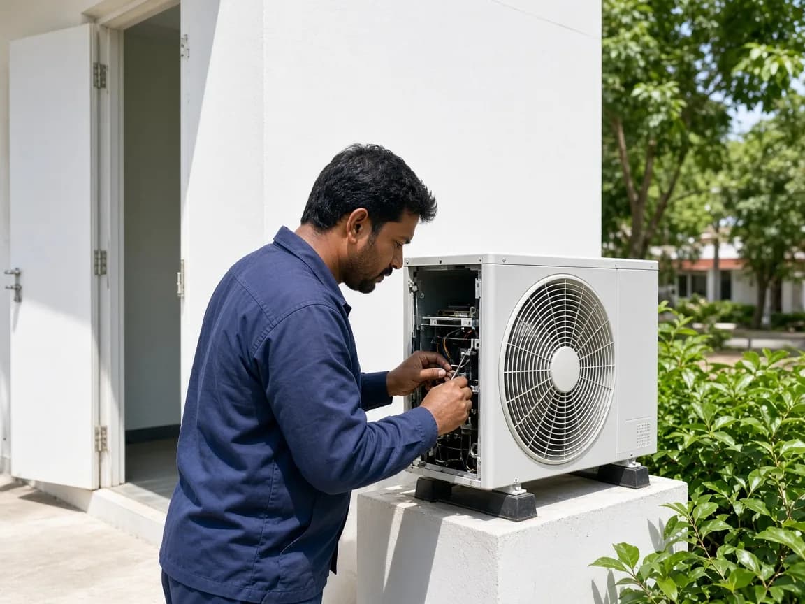 An Indian technician servicing equipment beside an incubation room
