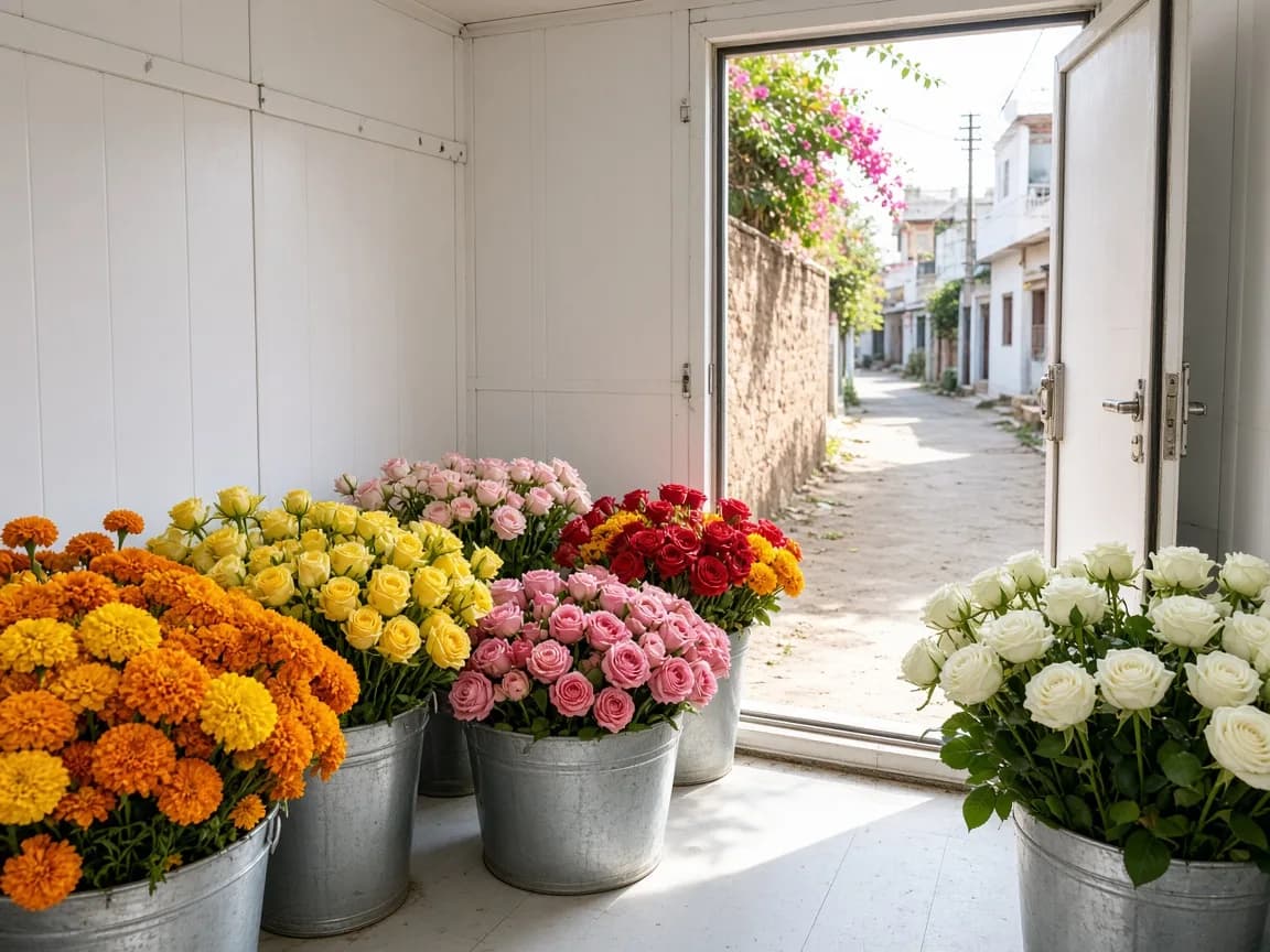 Flowers inside a modular cold room in India