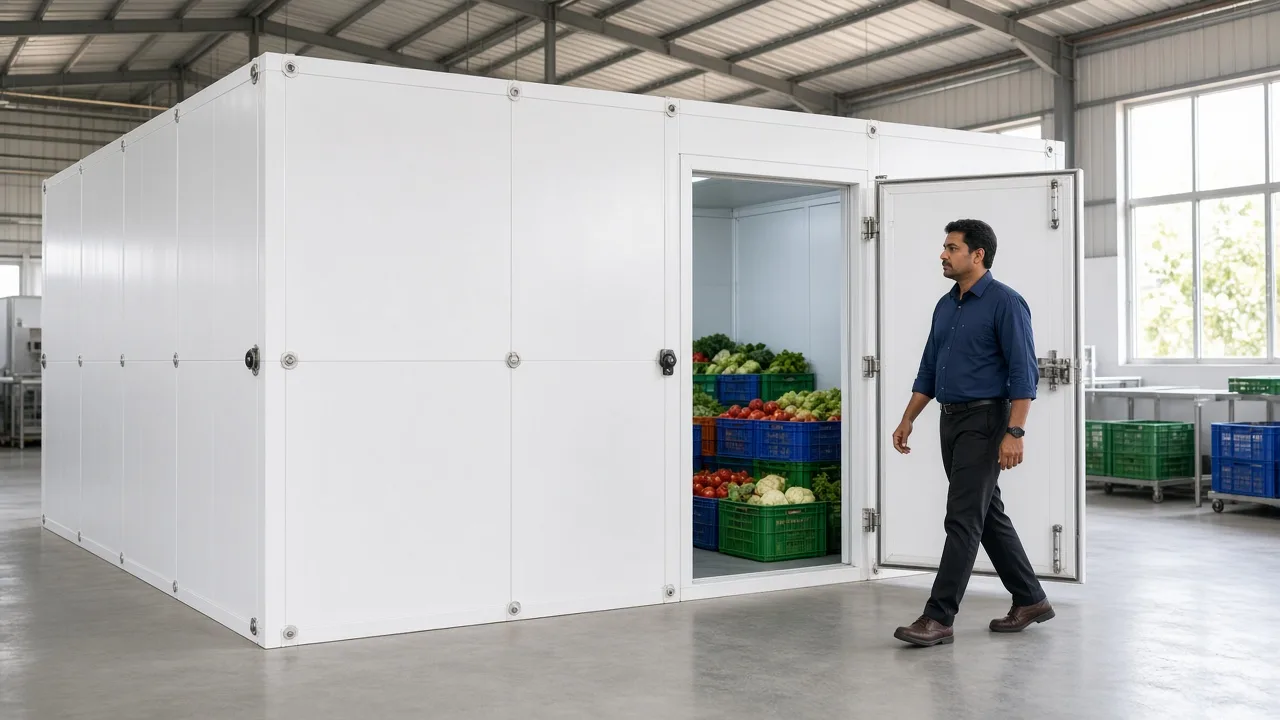 An Indian engineer beside a white modular cold room in a sunny factory