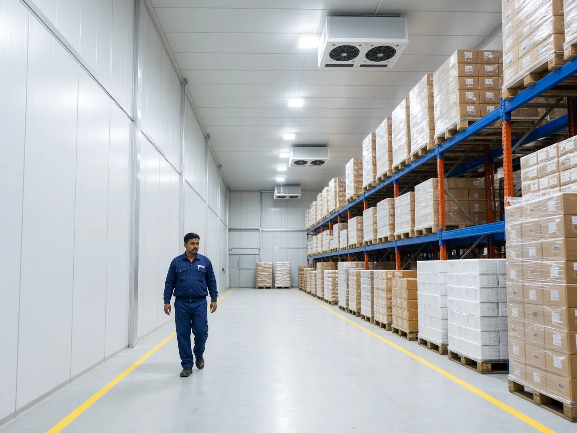 A large industrial modular cold room in an Indian food plant