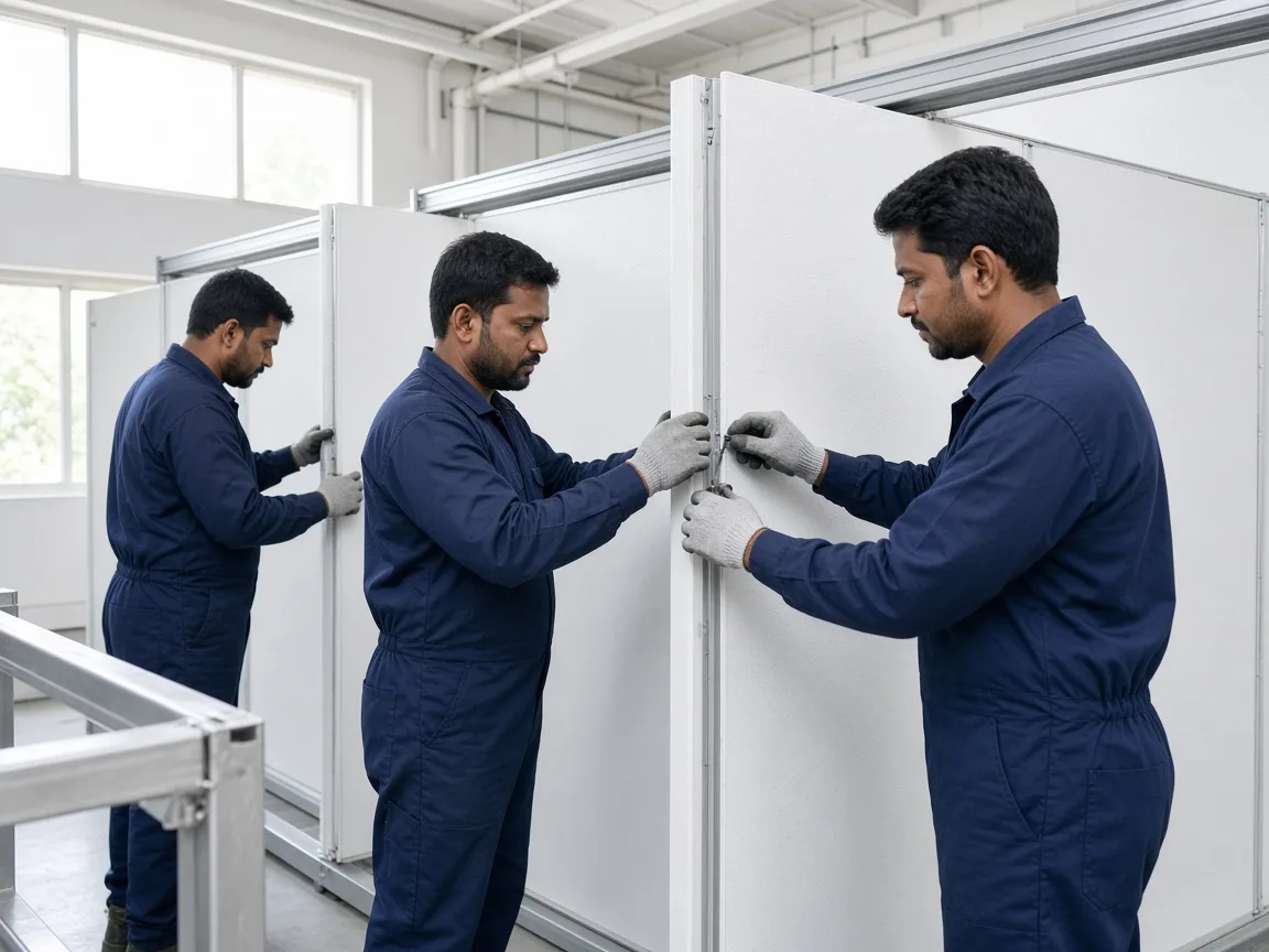 Indian technicians assembling a modular cold room from insulated panels
