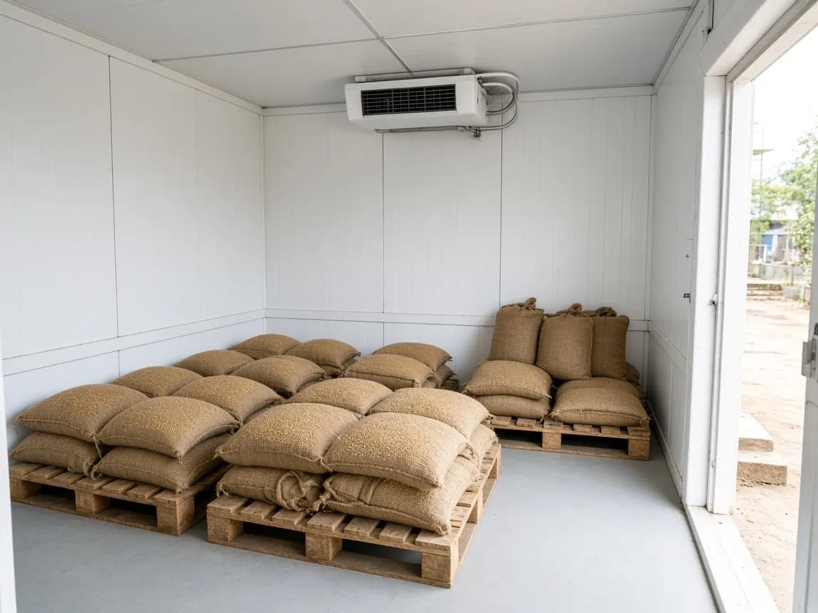 Seed sacks inside a modular cold room in India