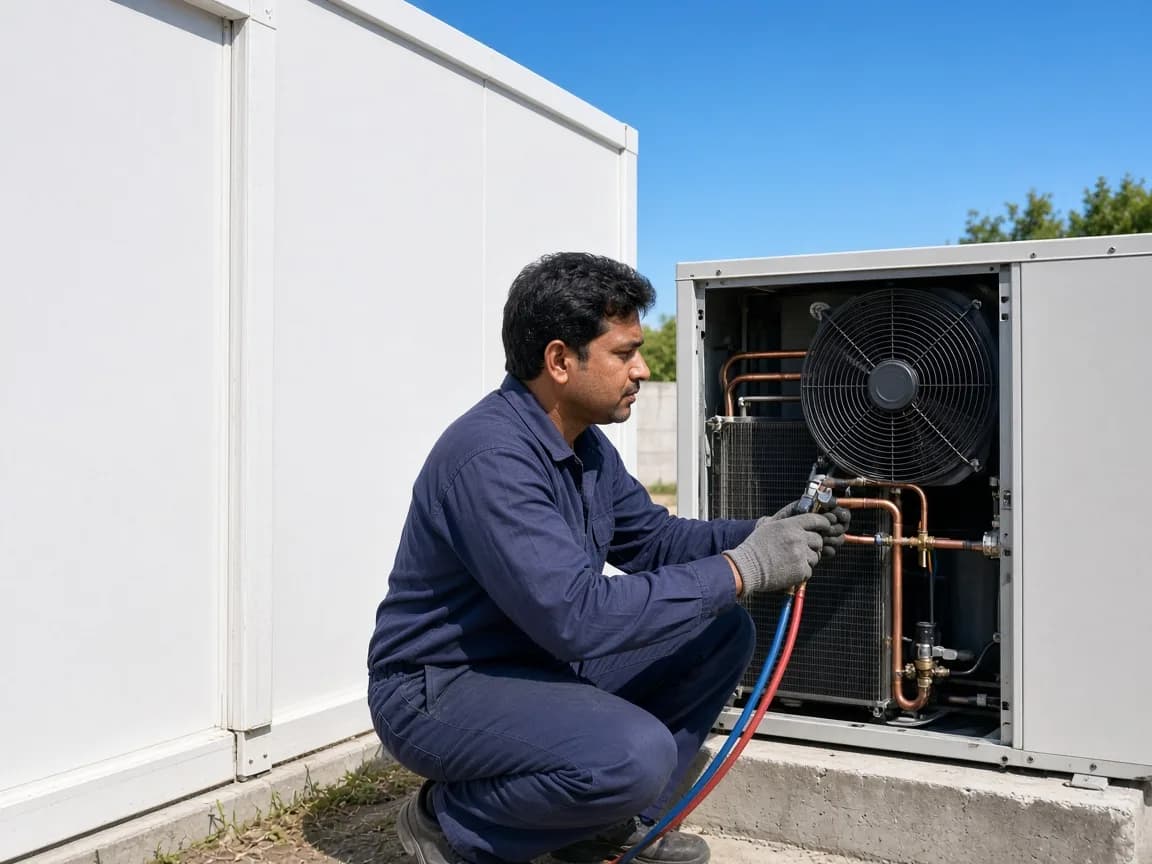 An Indian technician servicing refrigeration beside a modular cold room
