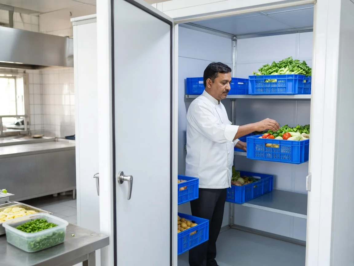 A modular walk in cold room in an Indian kitchen