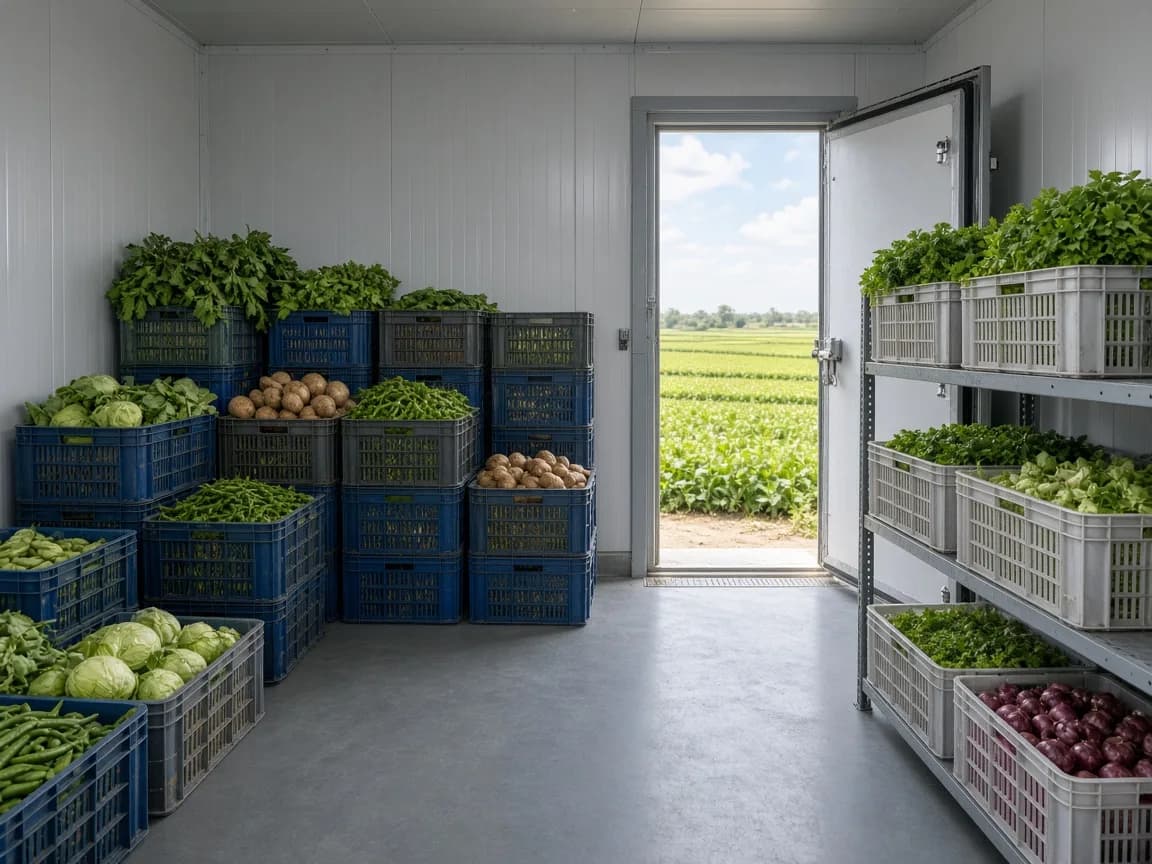 Vegetable crates inside an Indian packhouse walk in cold room