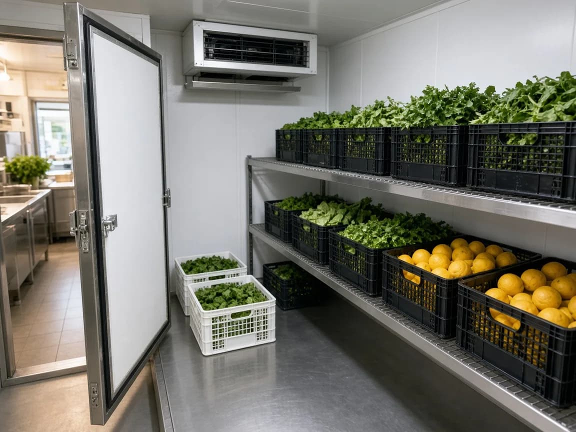 A bright chilled walk in cold room in India with vegetables and milk crates