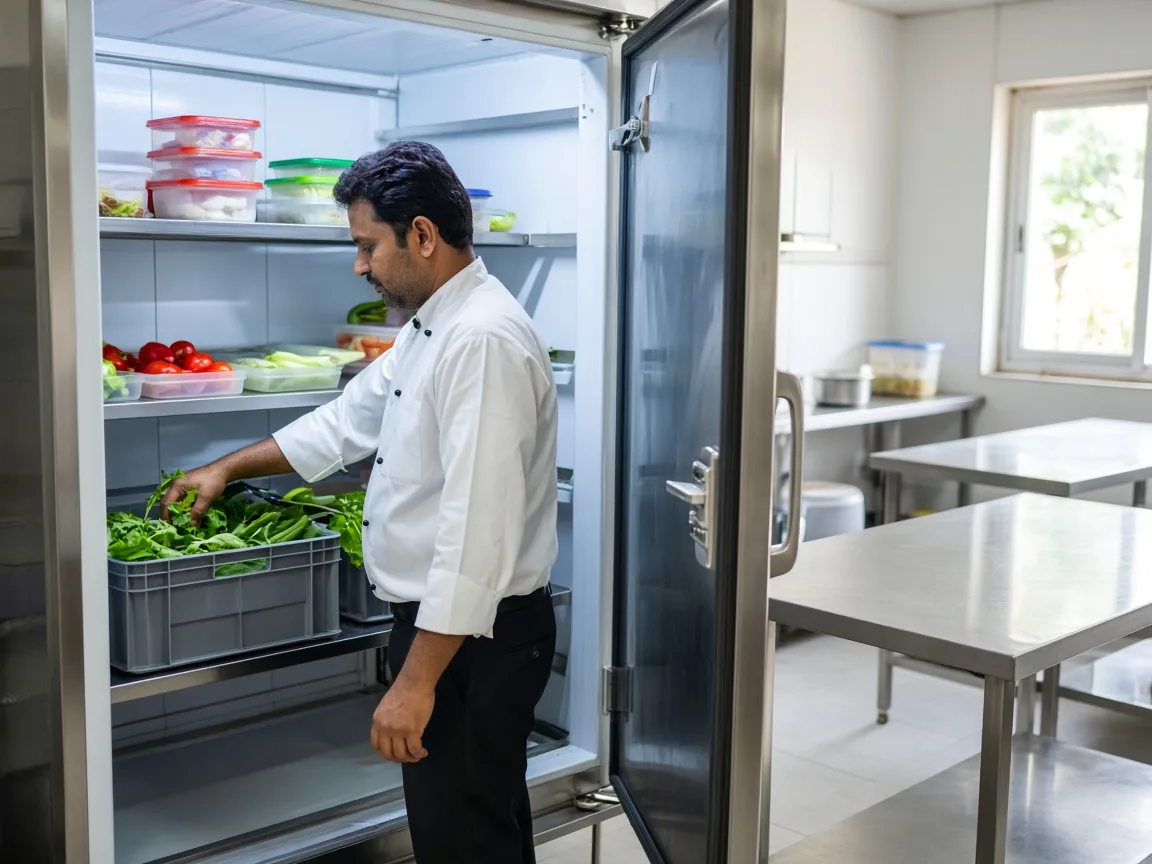An Indian cook using an open walk in cold room in a restaurant kitchen