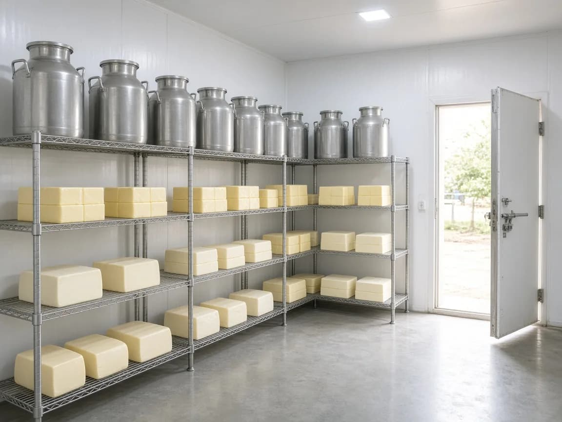 Dairy products inside an Indian walk in cold room