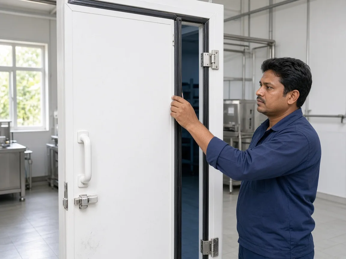 A sealed walk in cold room door at an Indian food plant
