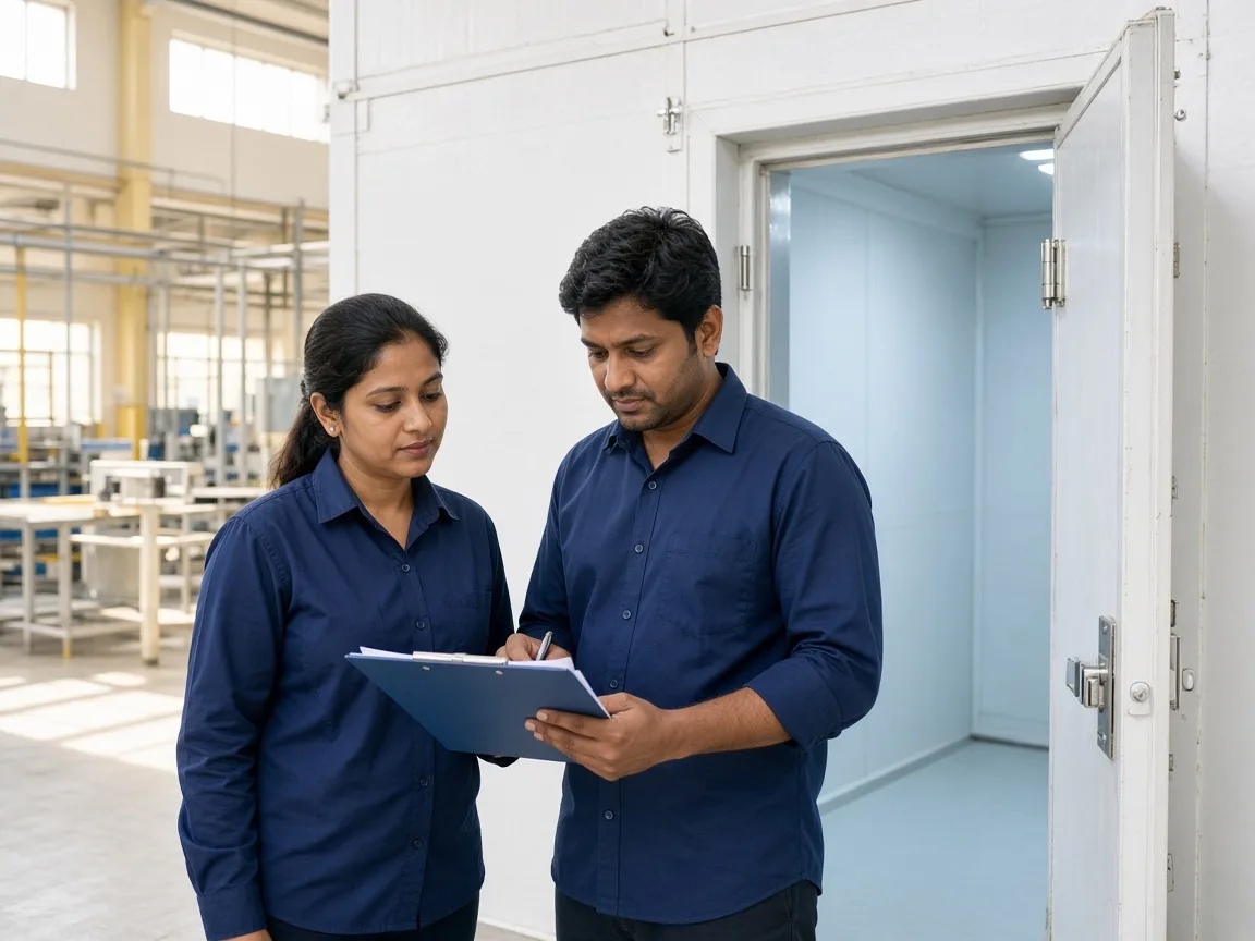 Indian engineers reviewing a walk in cold room requirement