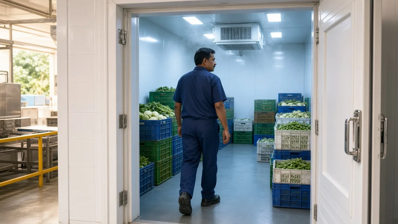 An Indian worker entering a bright walk in cold room stocked with crates