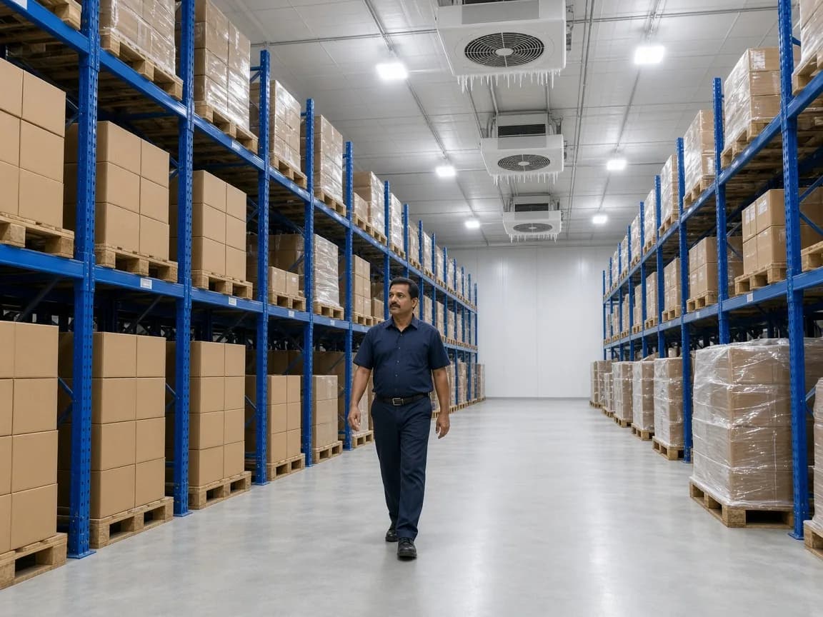 An Indian supervisor in a large industrial walk in cold room