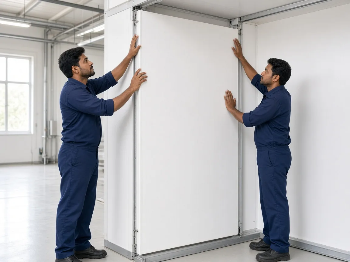 Indian technicians assembling a walk in cold room