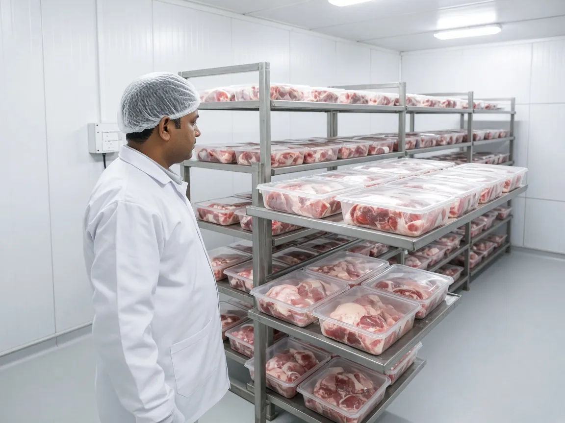 An Indian worker in a hygienic meat walk in cold room