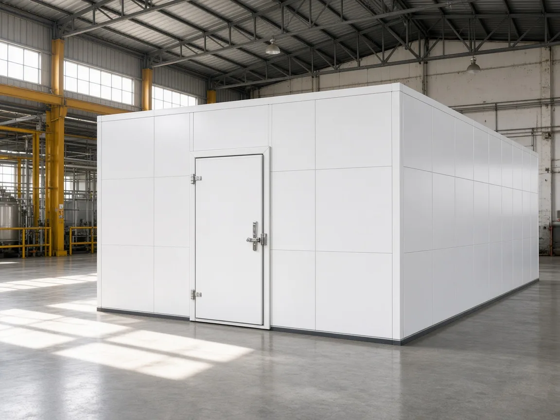 A white modular walk in cold room inside a sunny Indian factory