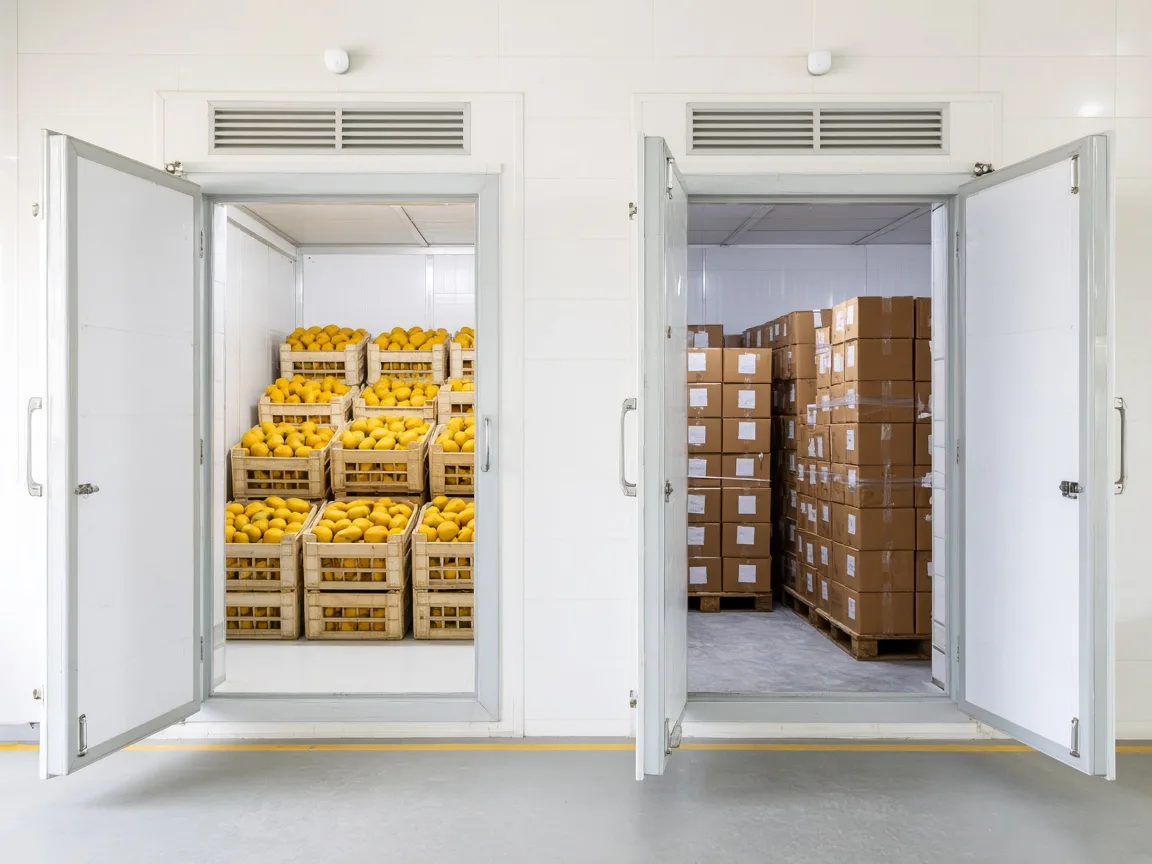 Two adjoining walk in cold rooms in an Indian food plant