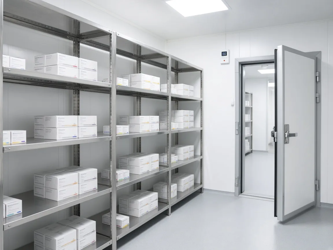 Pharmaceutical packs inside an Indian walk in cold room