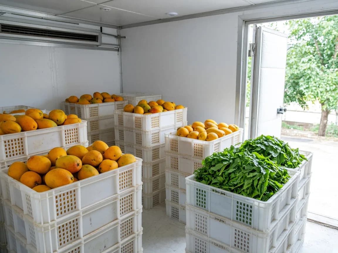 Fruit and vegetable crates inside an Indian walk in cold room