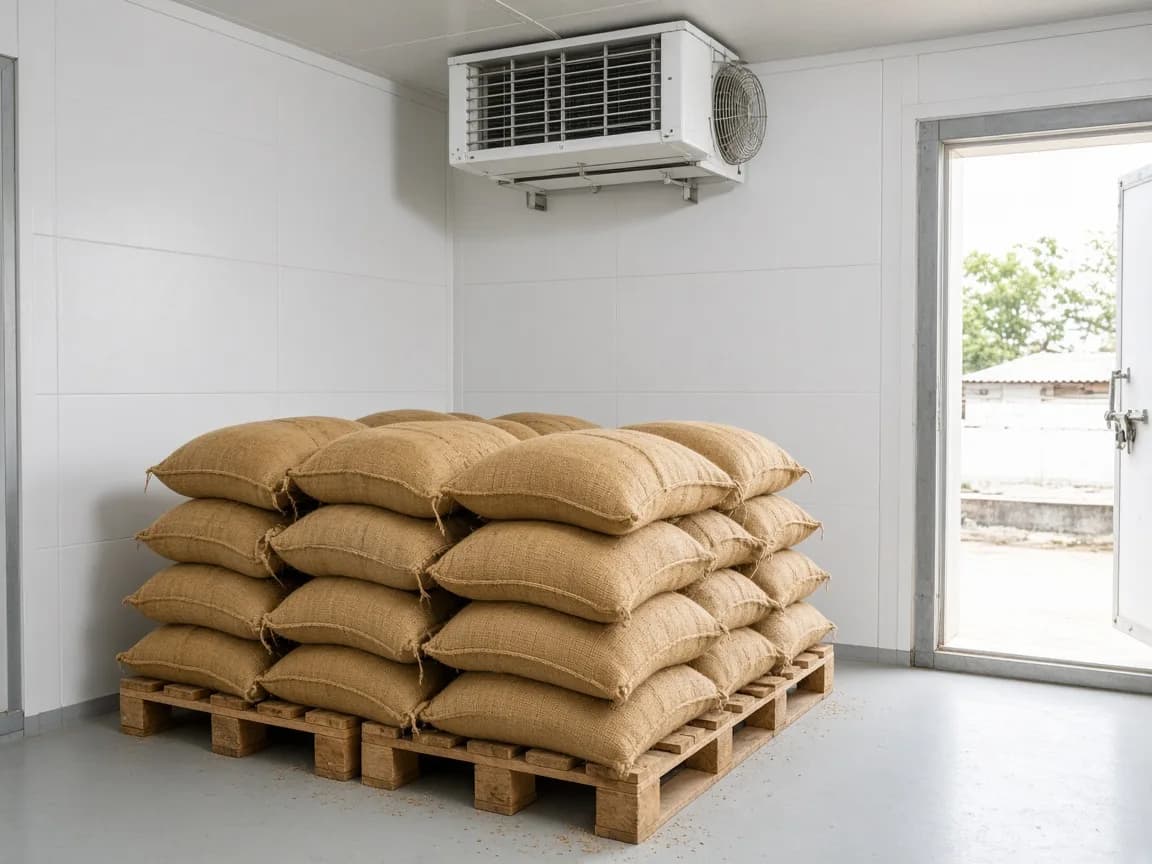 Seed sacks in an Indian walk in cold room