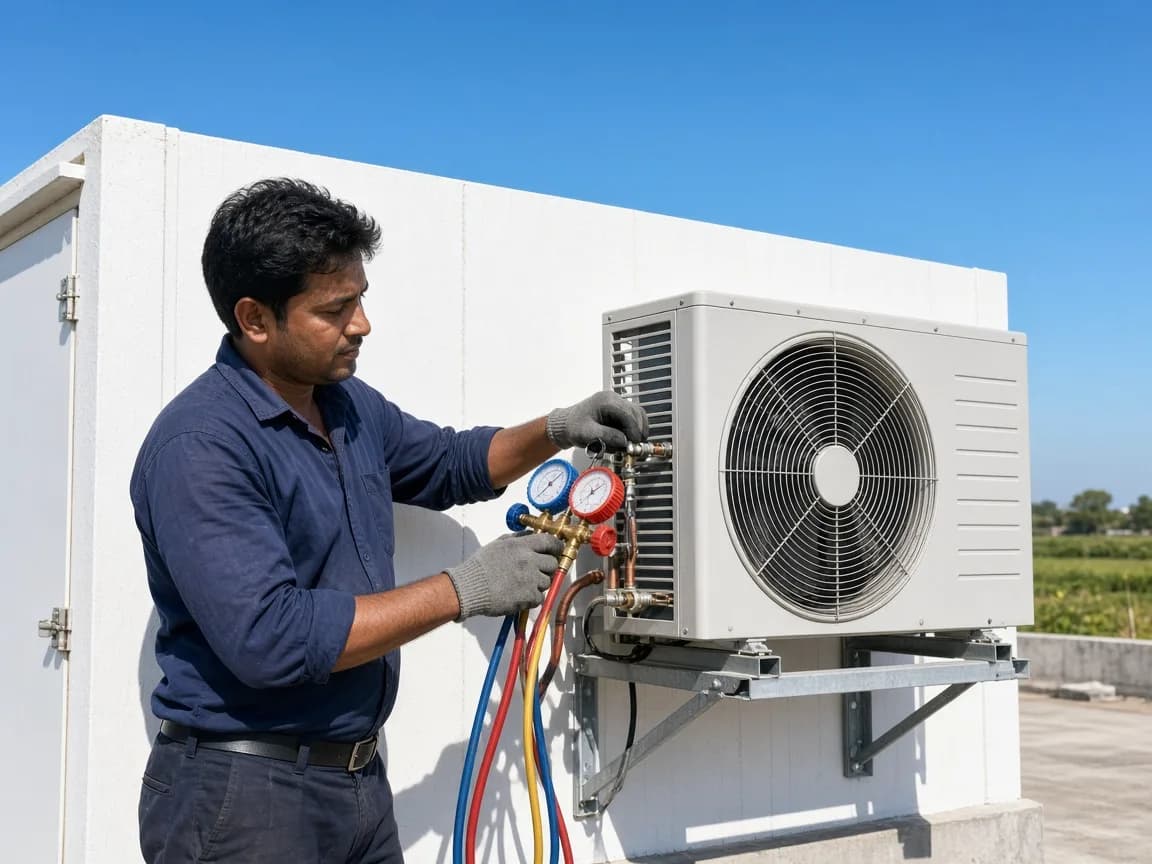 An Indian refrigeration technician servicing equipment beside a walk in cold room