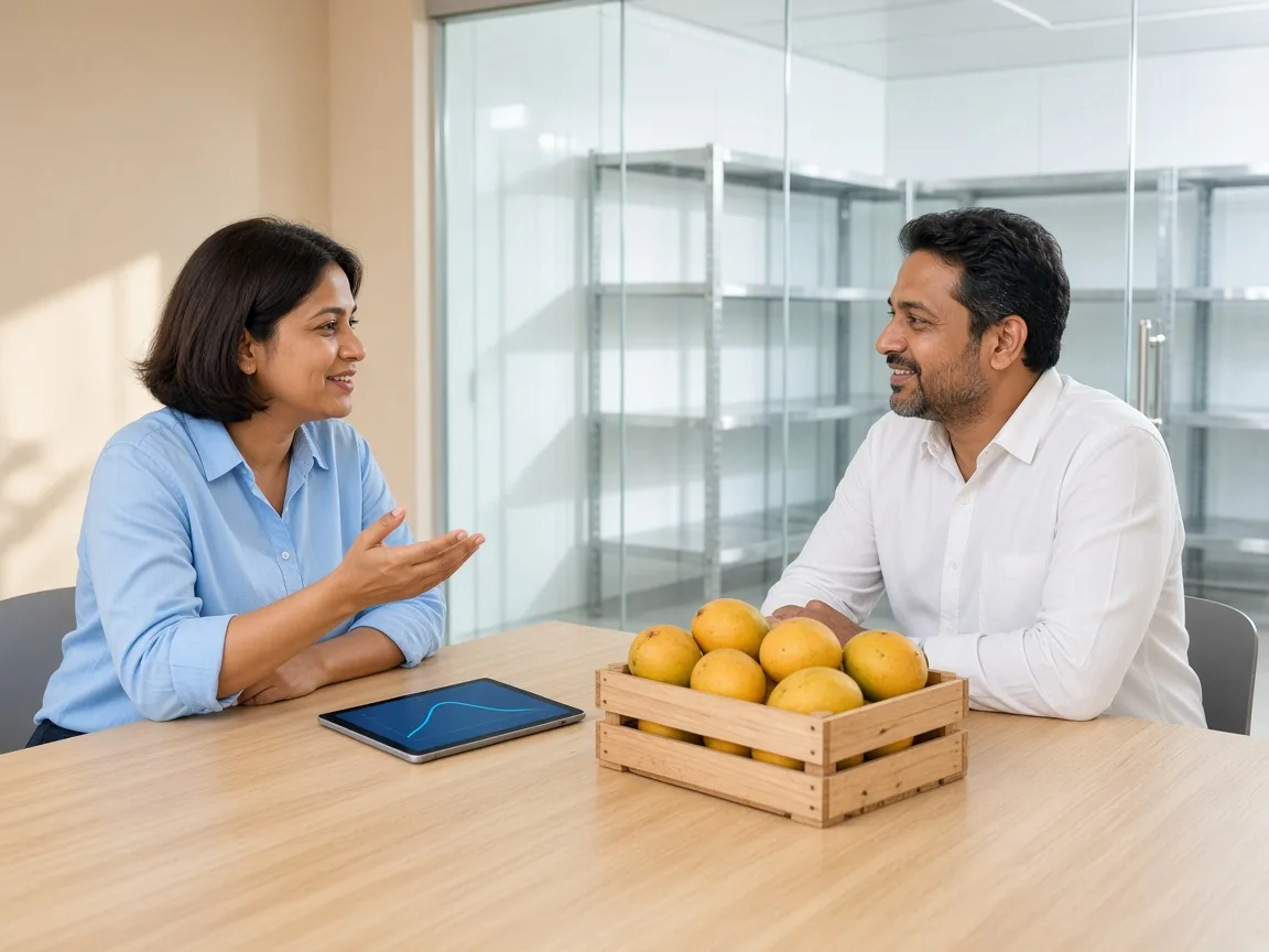 Two people smiling while discussing a cold storage project
