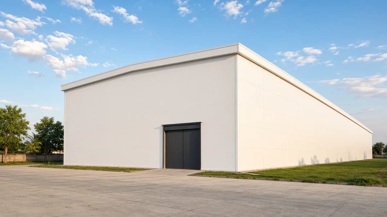 A white industrial warehouse with a dark loading door