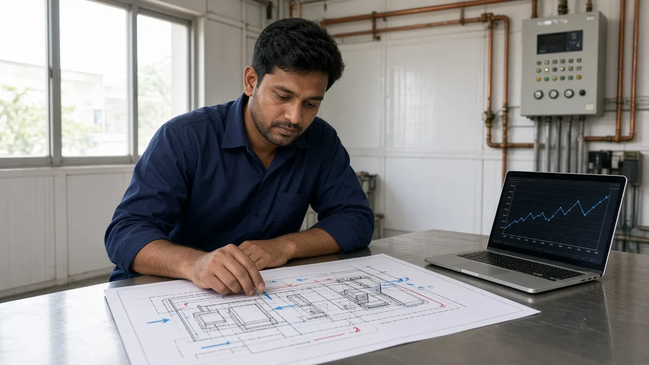 An engineer reviewing airflow drawings and temperature monitoring in a plant room