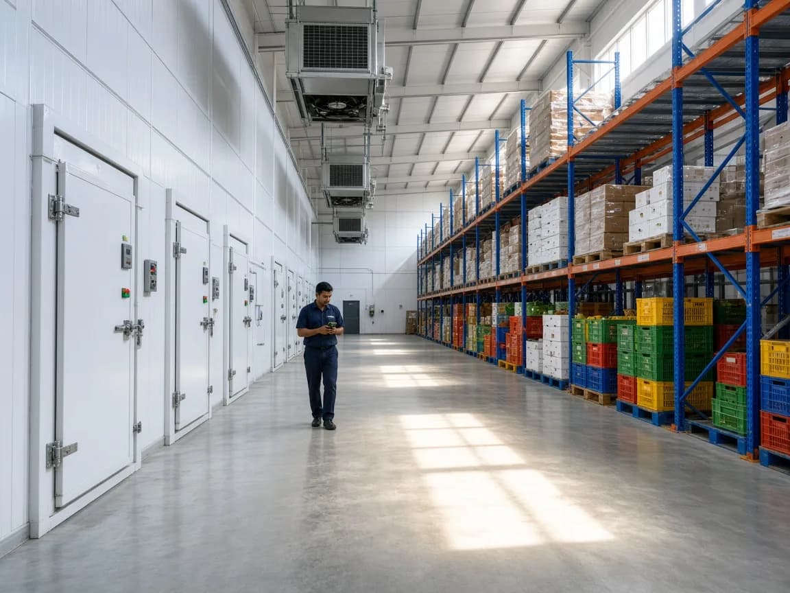 Sunlit cold storage aisle with cold room doors, racking, and a technician