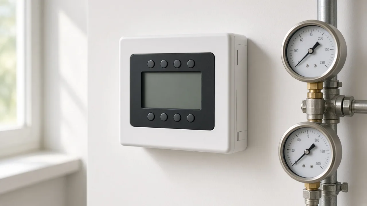 Temperature controller and pressure gauges on a refrigeration line