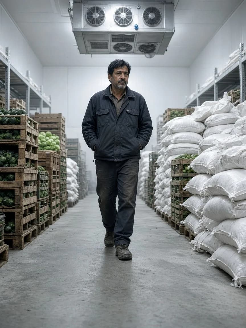 A worker walking a tall bright aisle with gaps between produce crates and pallets