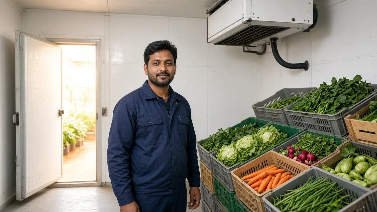 A technician beside vegetable crates and a ceiling evaporator in a bright cold room