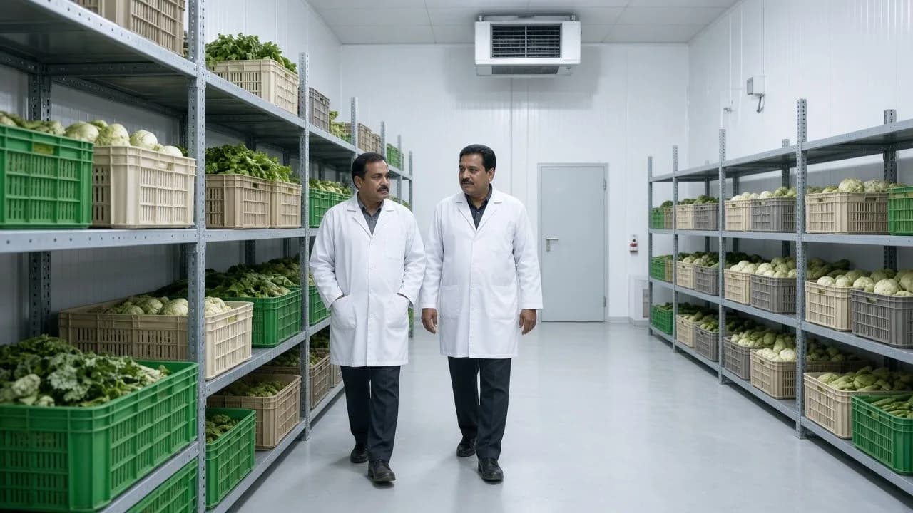 Workers among vegetable crates inside a bright agricultural cold room