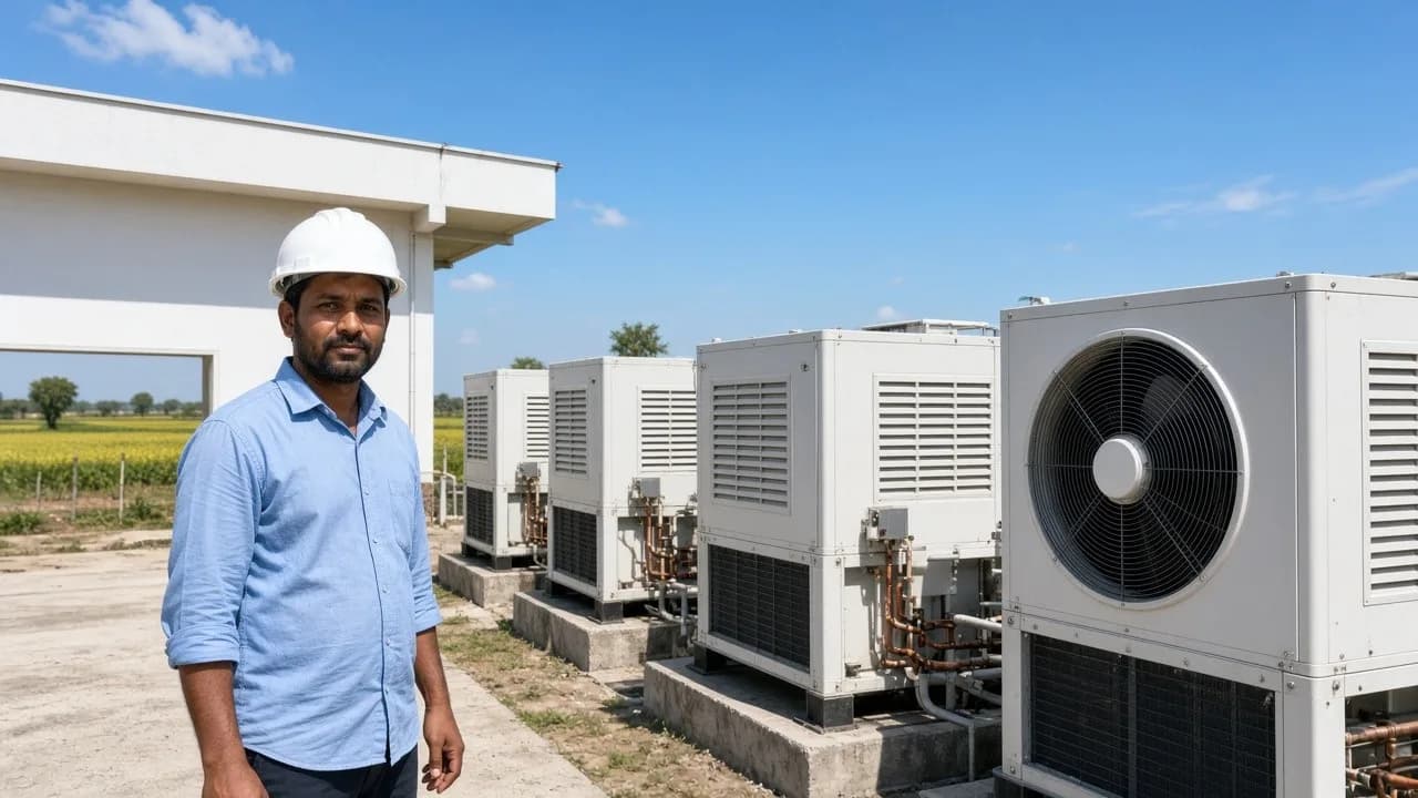 An engineer beside outdoor refrigeration plant at a farm cold store under a bright hot sky