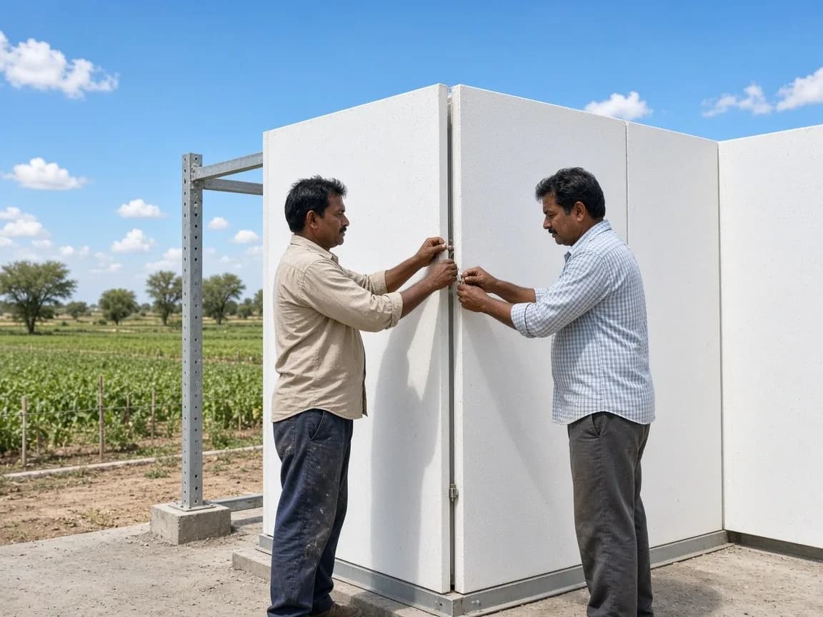 Two workers locking white insulated panels at a sunny farm pack house