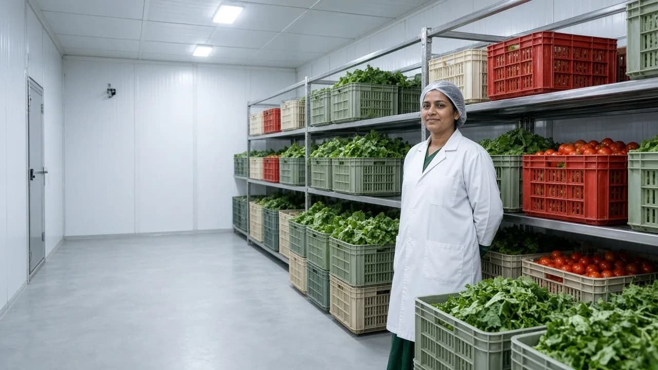 A grower beside crates of fresh vegetables in a bright agricultural cold room