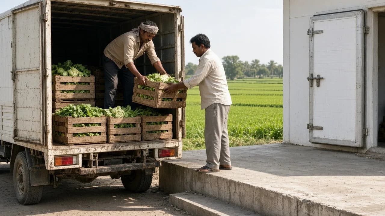 Workers receiving freshly harvested vegetable crates at a bright farm dock
