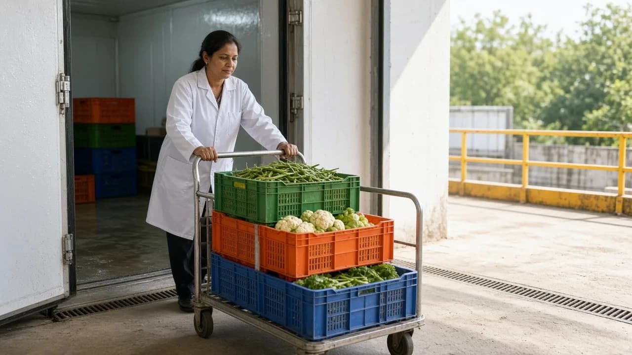 Workers moving produce crates from a cold room toward a bright loading dock