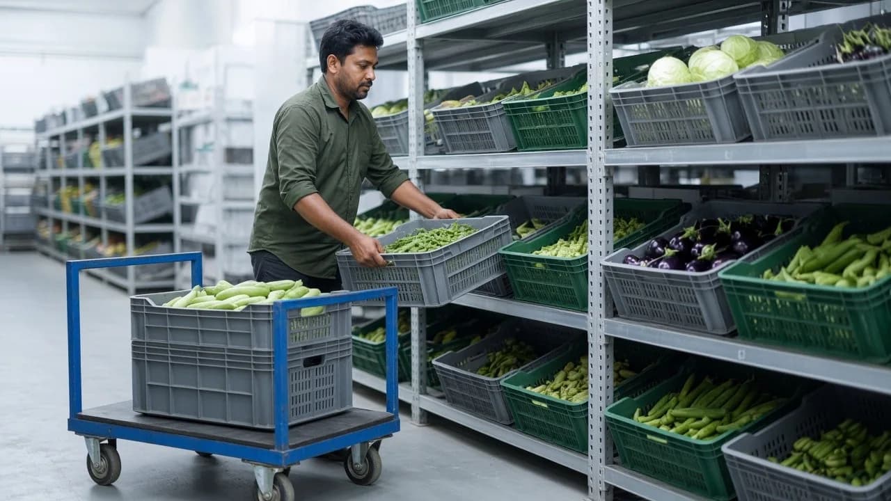 A picker selecting vegetable crates from a bright refrigerated rack