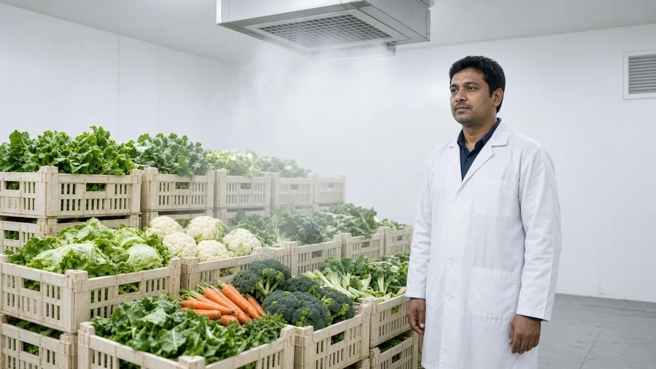A worker beside freshly harvested crates cooling in a bright pre cooling room